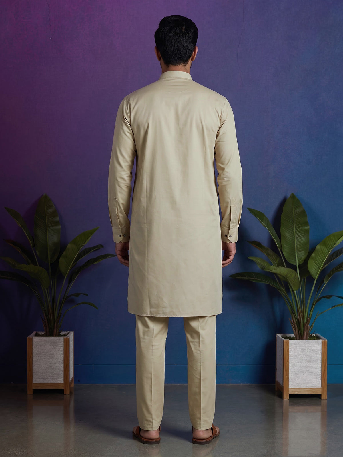 Beige silk solid festive kurta suit for men with classic mandarin collar