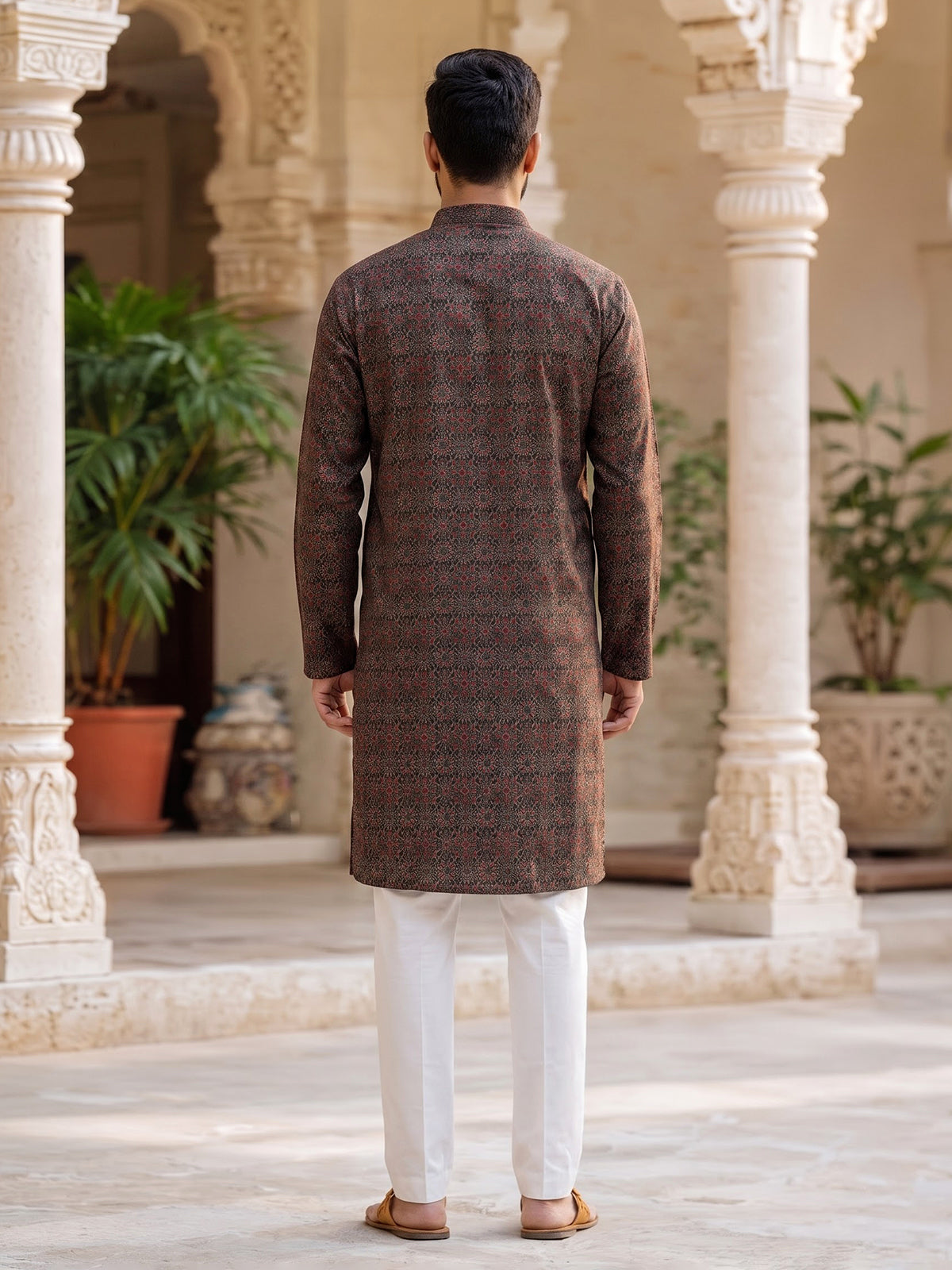 Charcoal black silk printed kurta suit for men with mandarin collar charm