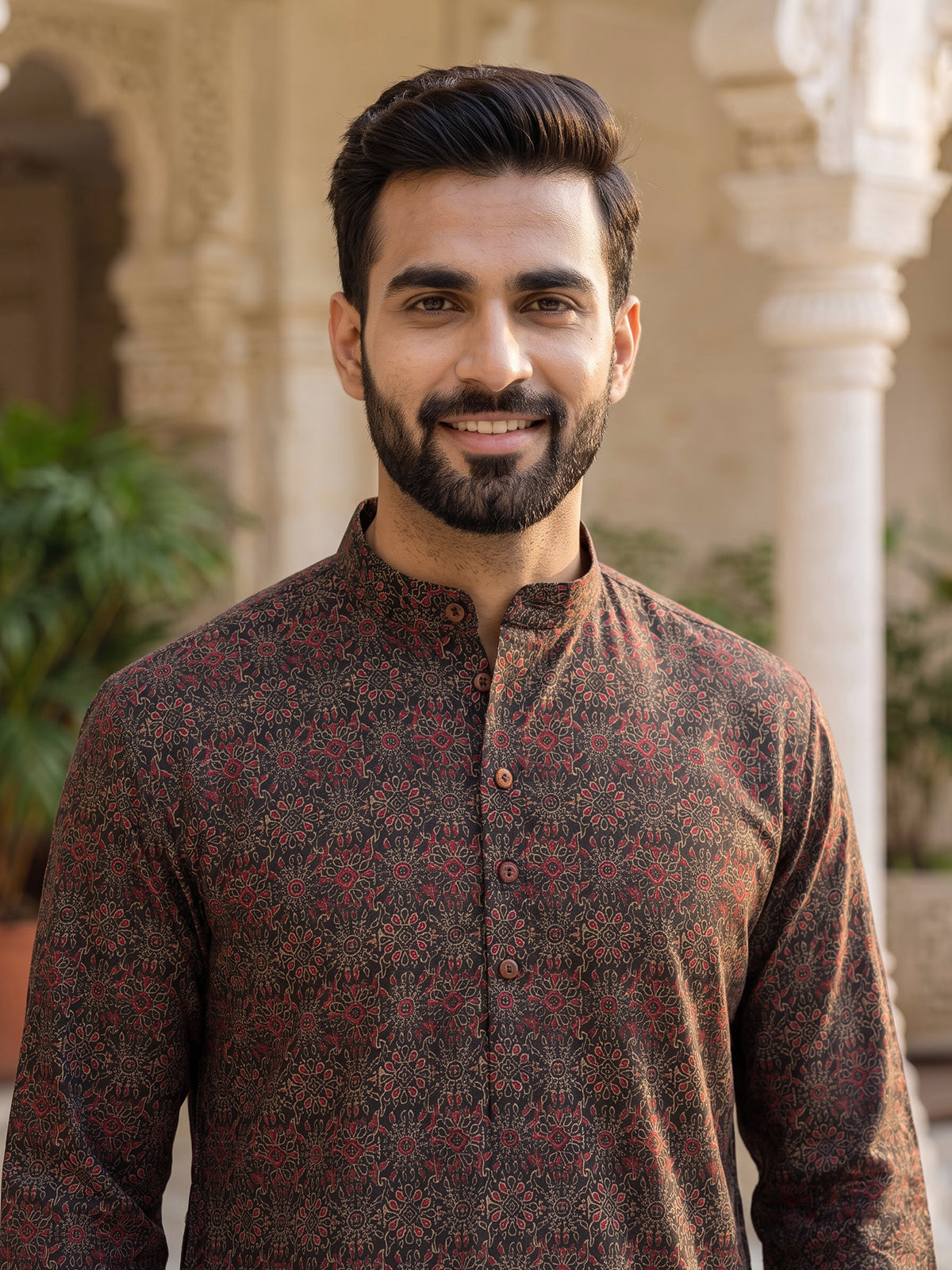 Charcoal black silk printed kurta suit for men with mandarin collar charm