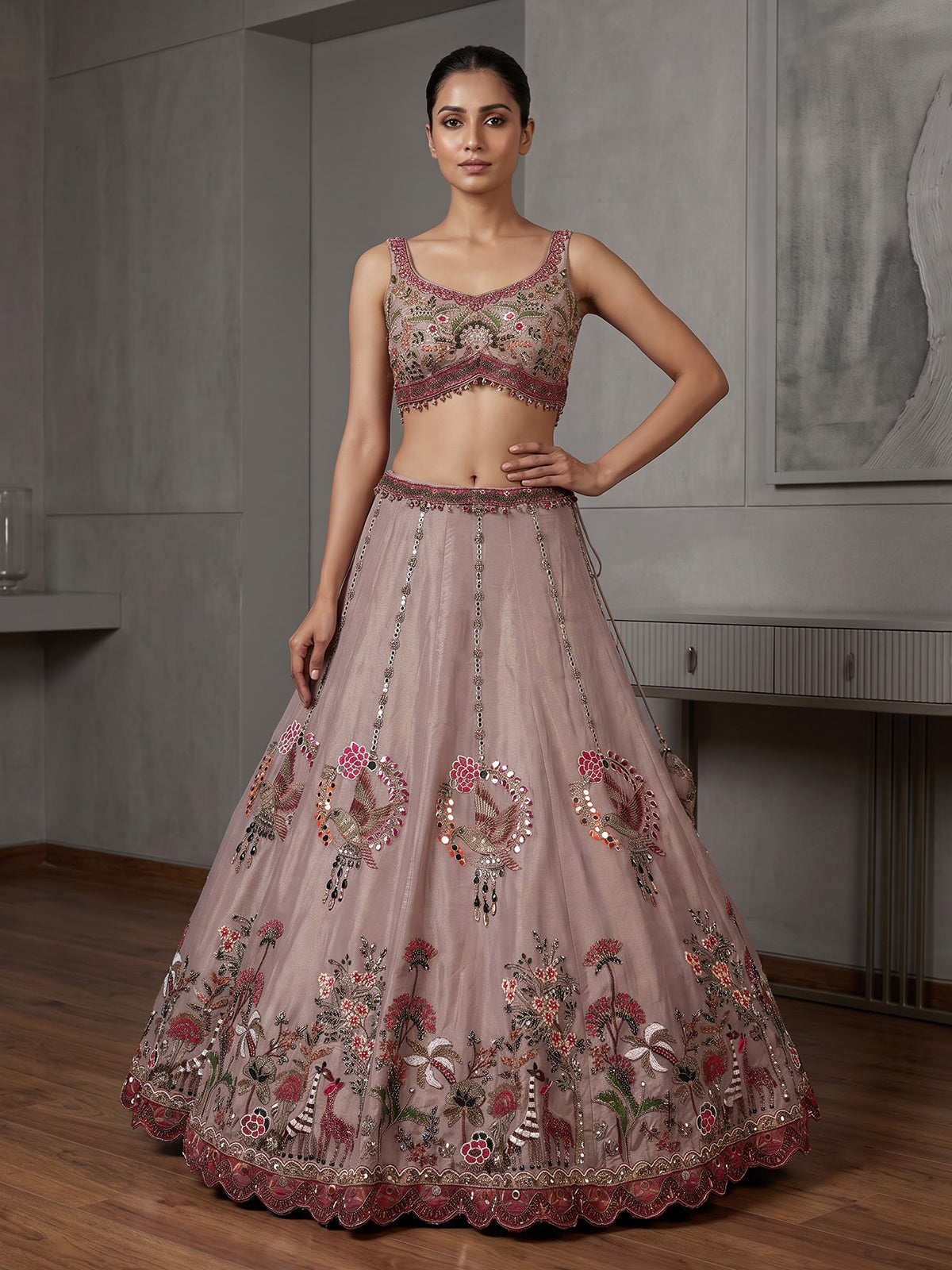 Pastel beige silk bird motif lehenga choli for designer