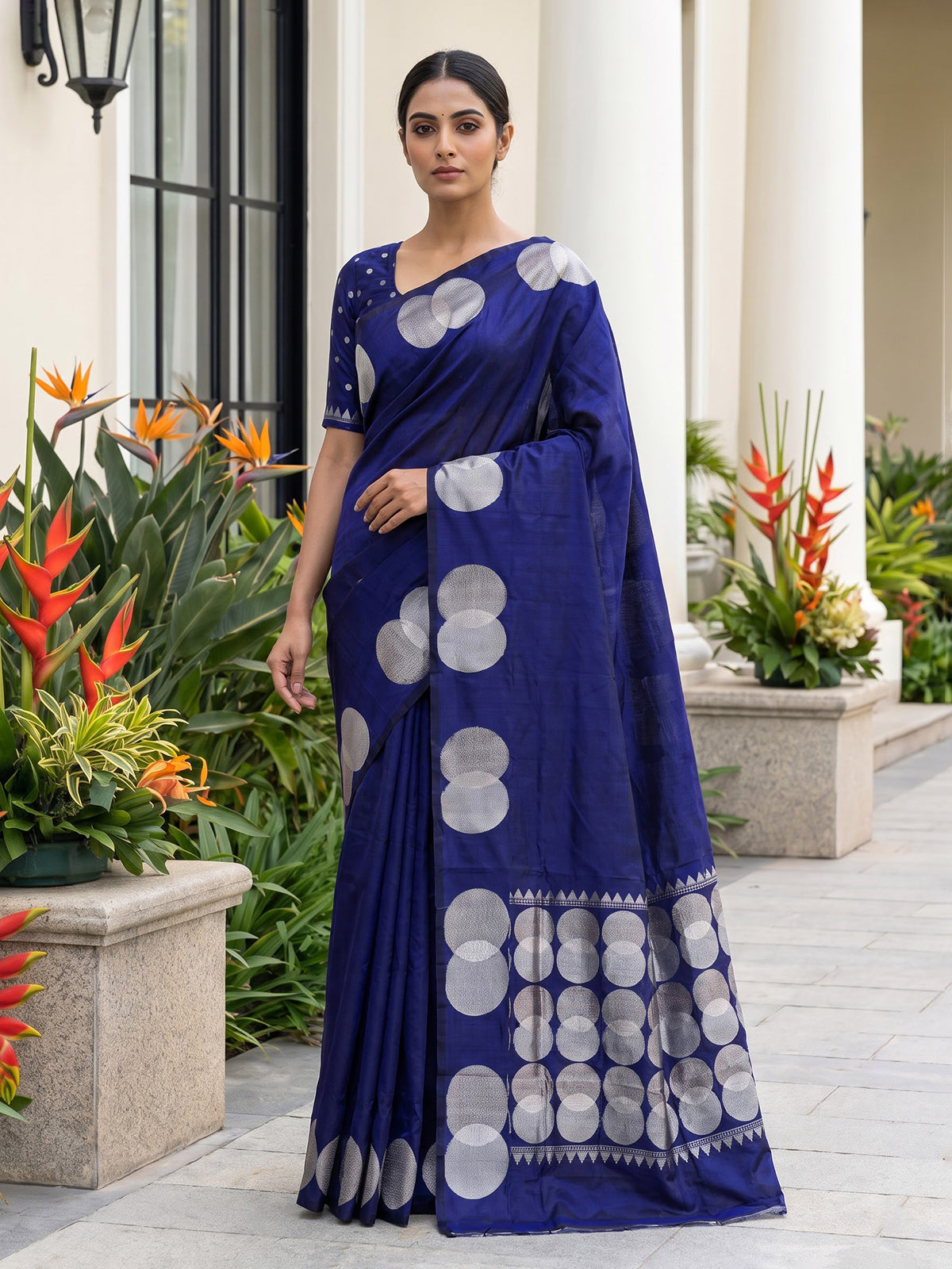 Navy blue soft silk saree with rich zari border elegance