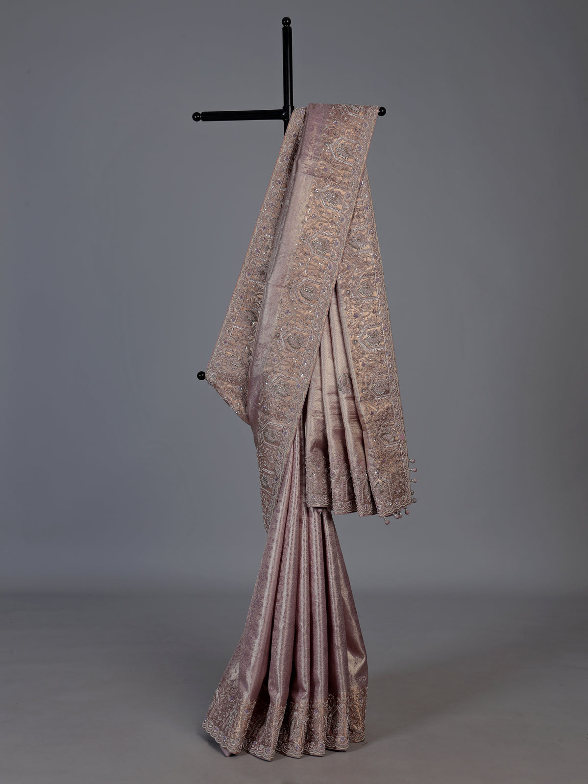 Pastel pink tissue silk saree with kolkata handwork elegance
