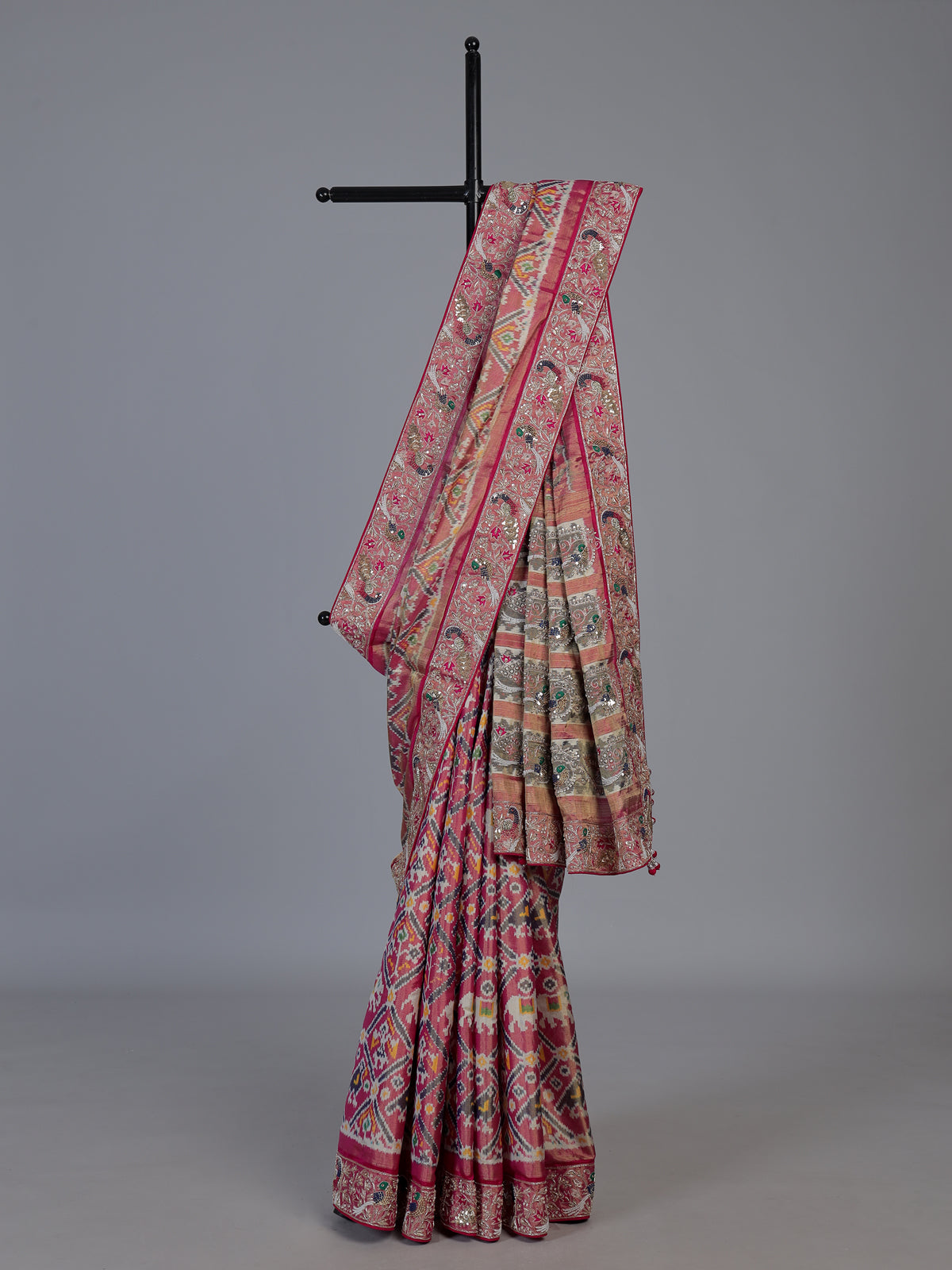 Rani pink tissue patola silk saree with bird motifs