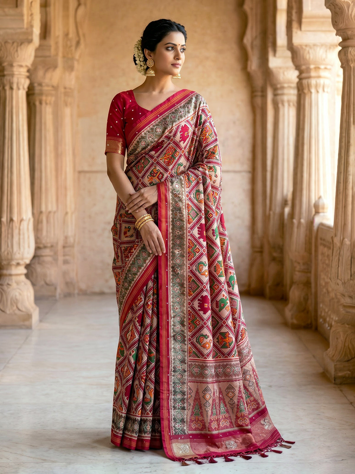 Red art patola silk saree with exquisite handcrafted embellishments