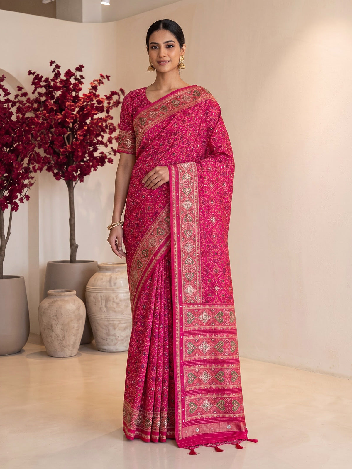 Rani pink art patola silk saree with rich stone work