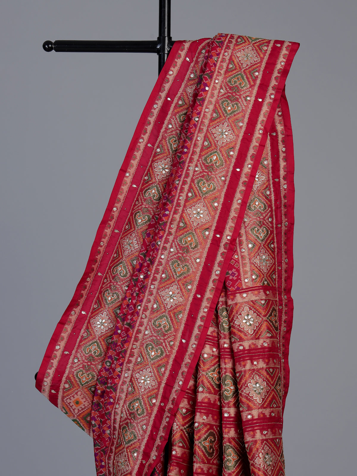 Red art patola silk saree with luxurious handcrafted thread