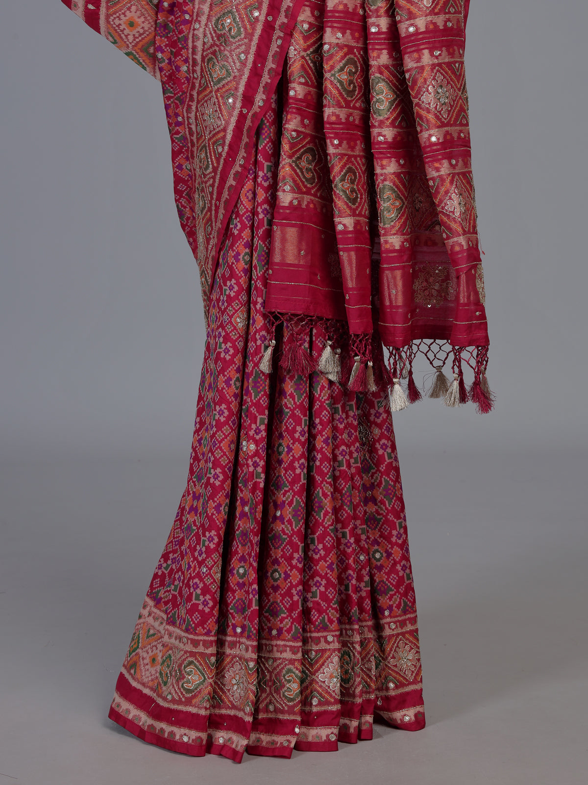 Red art patola silk saree with luxurious handcrafted thread