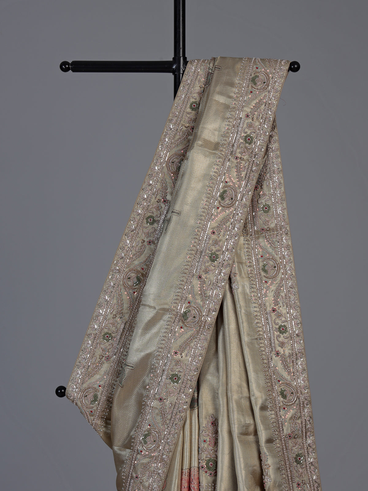 Chikoo beige tissue silk floral saree