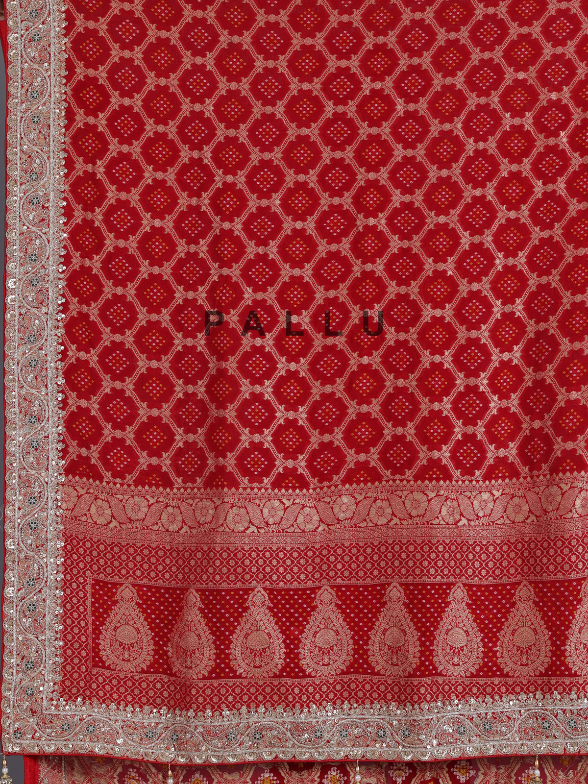 Red bandhani semi georgette saree with designer tassel pallu elegance