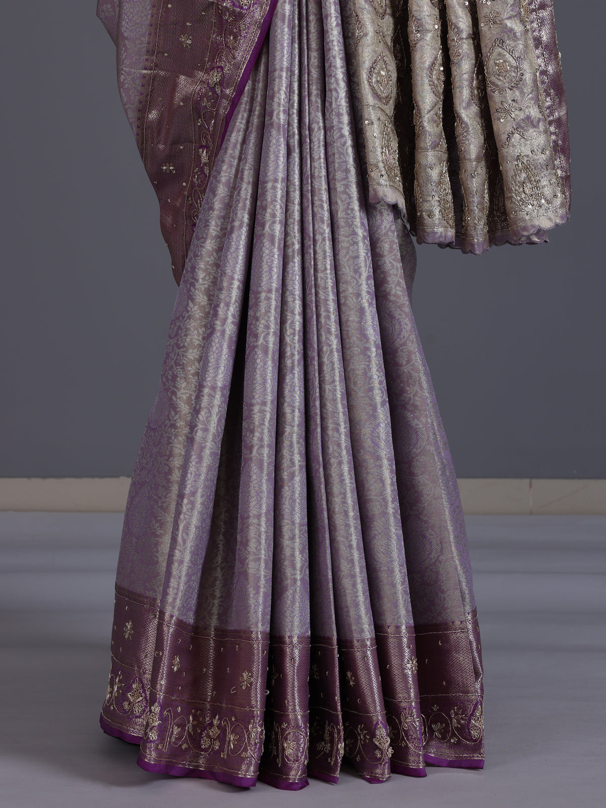 Pastel lilac purple kanjivaram tissue silk saree with zari elegance