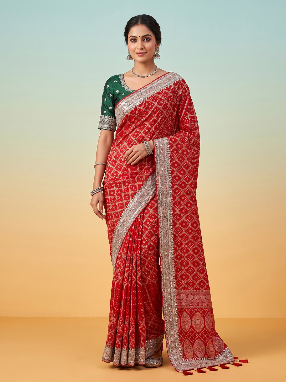 Red bandhani semi georgette saree with designer pallu