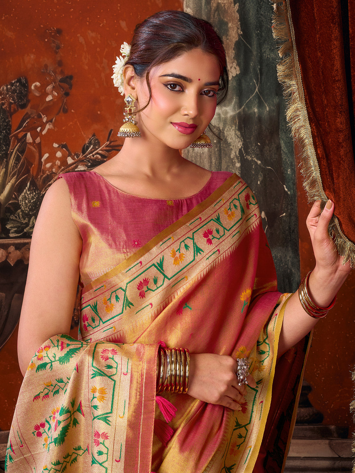 Magenta pink royal floral tissue silk saree