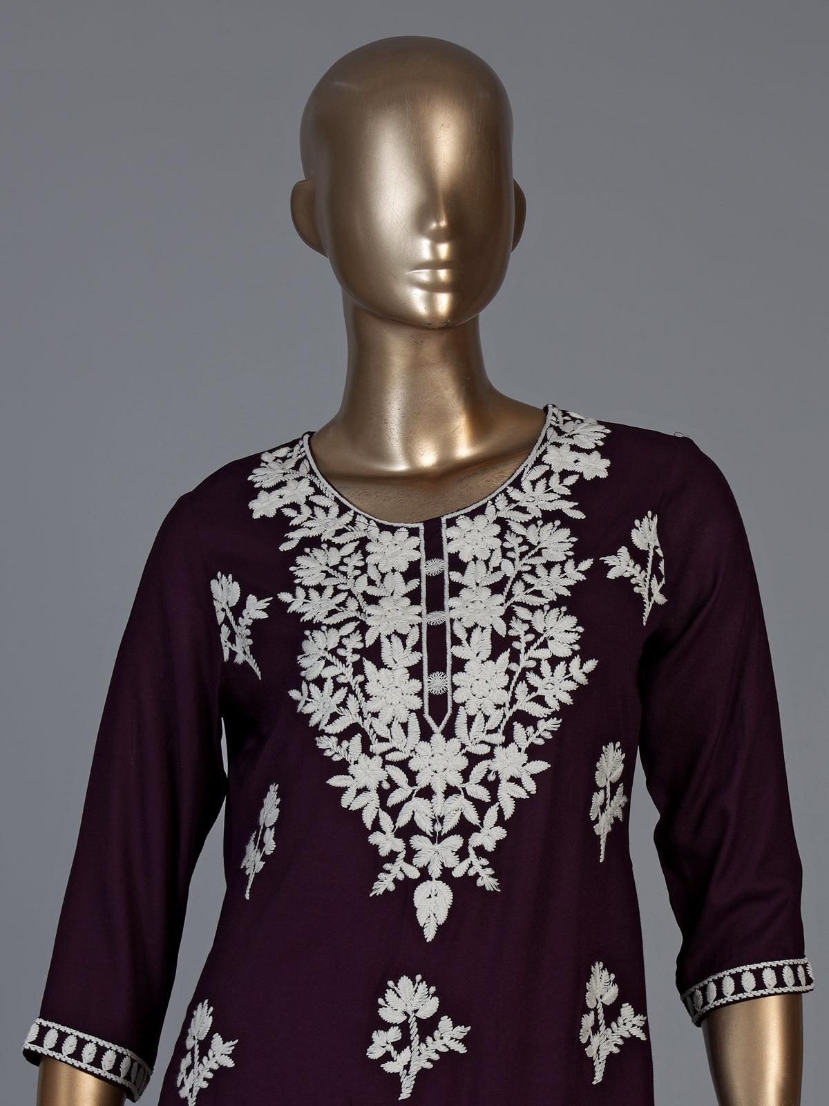 Wine silk lucknowi straight kurti set with palazzo