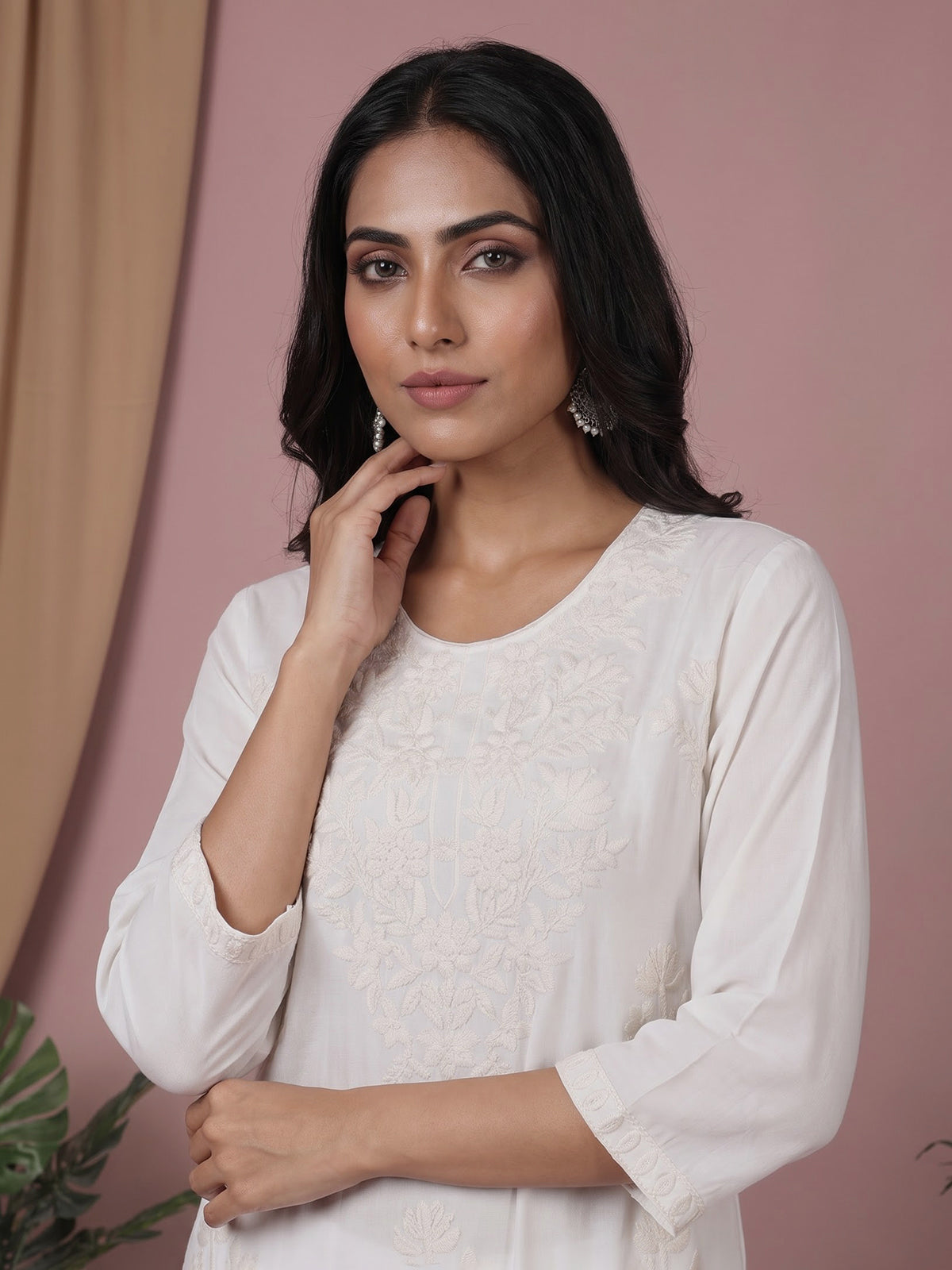 White silk lucknowi straight kurti set with palazzo