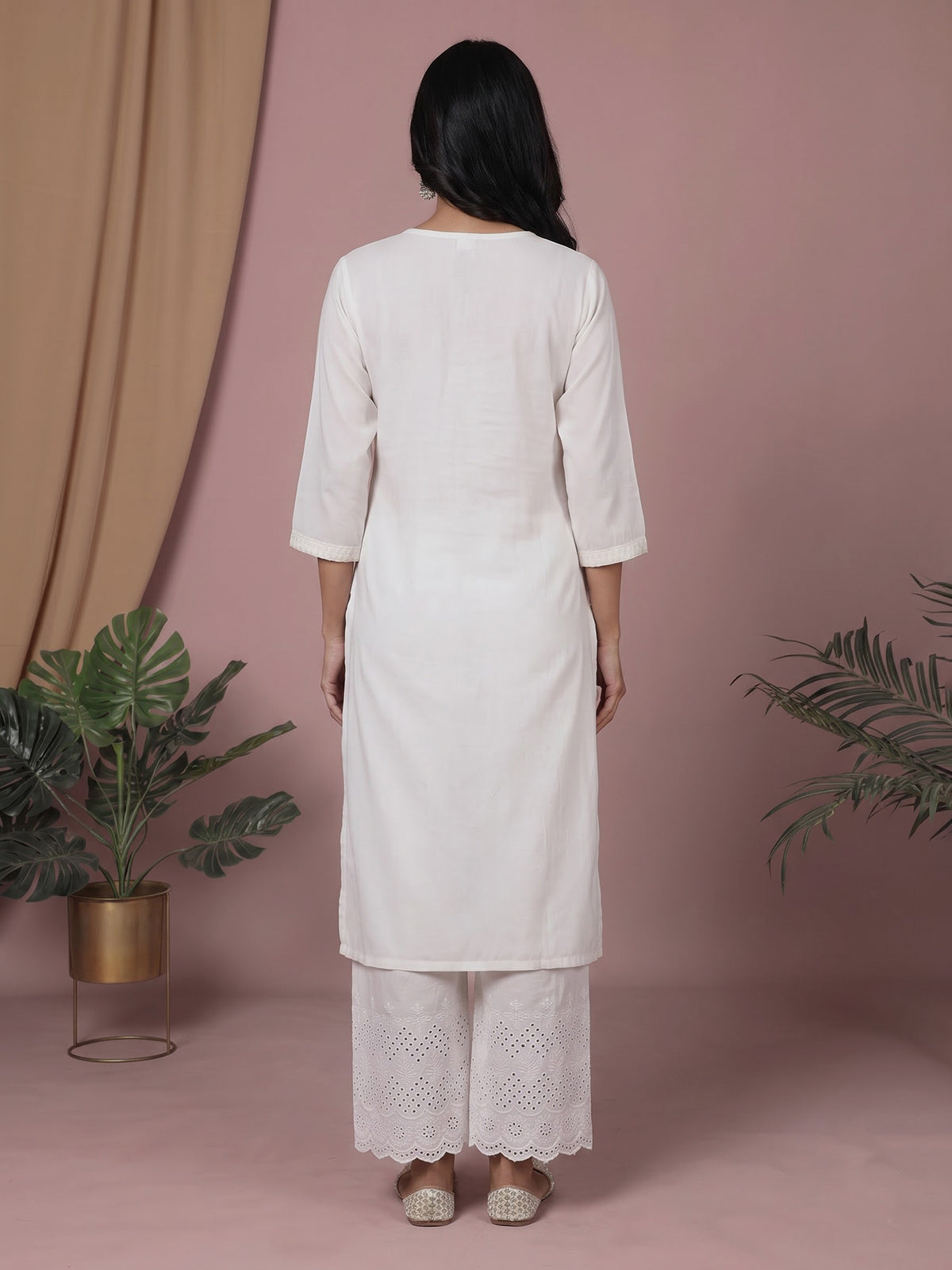 White silk lucknowi straight kurti set with palazzo