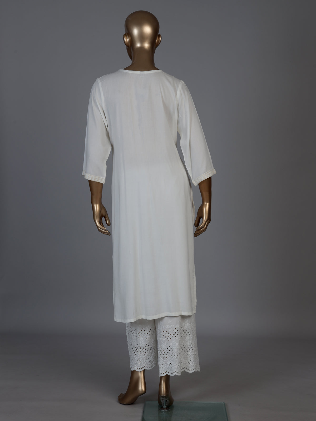 White silk lucknowi straight kurti set with palazzo