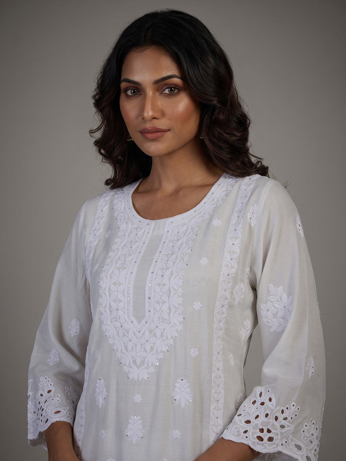 Off white cotton silk cutwork embellished kurti set with palazzo