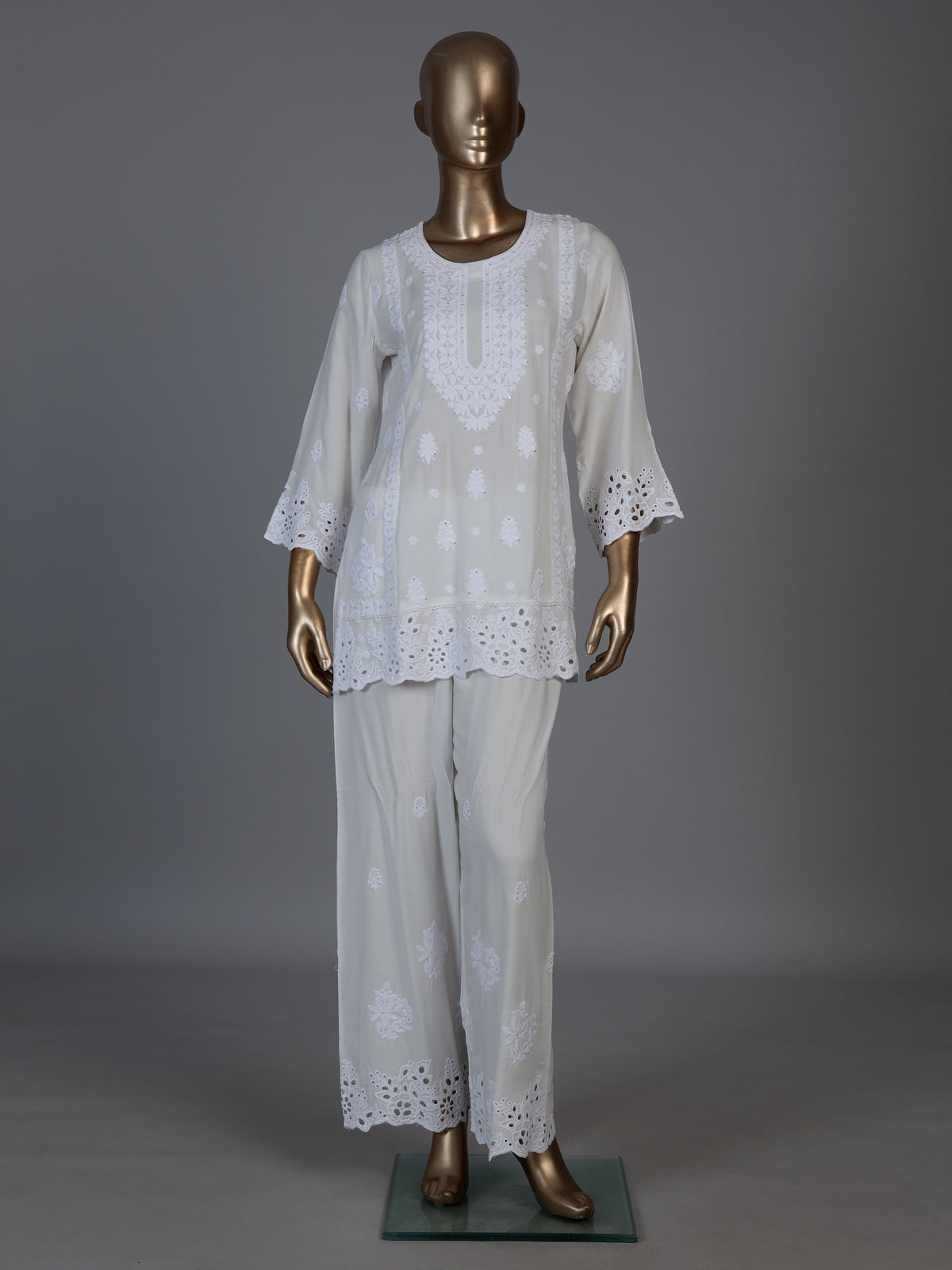 Off white cotton silk cutwork embellished kurti set with palazzo