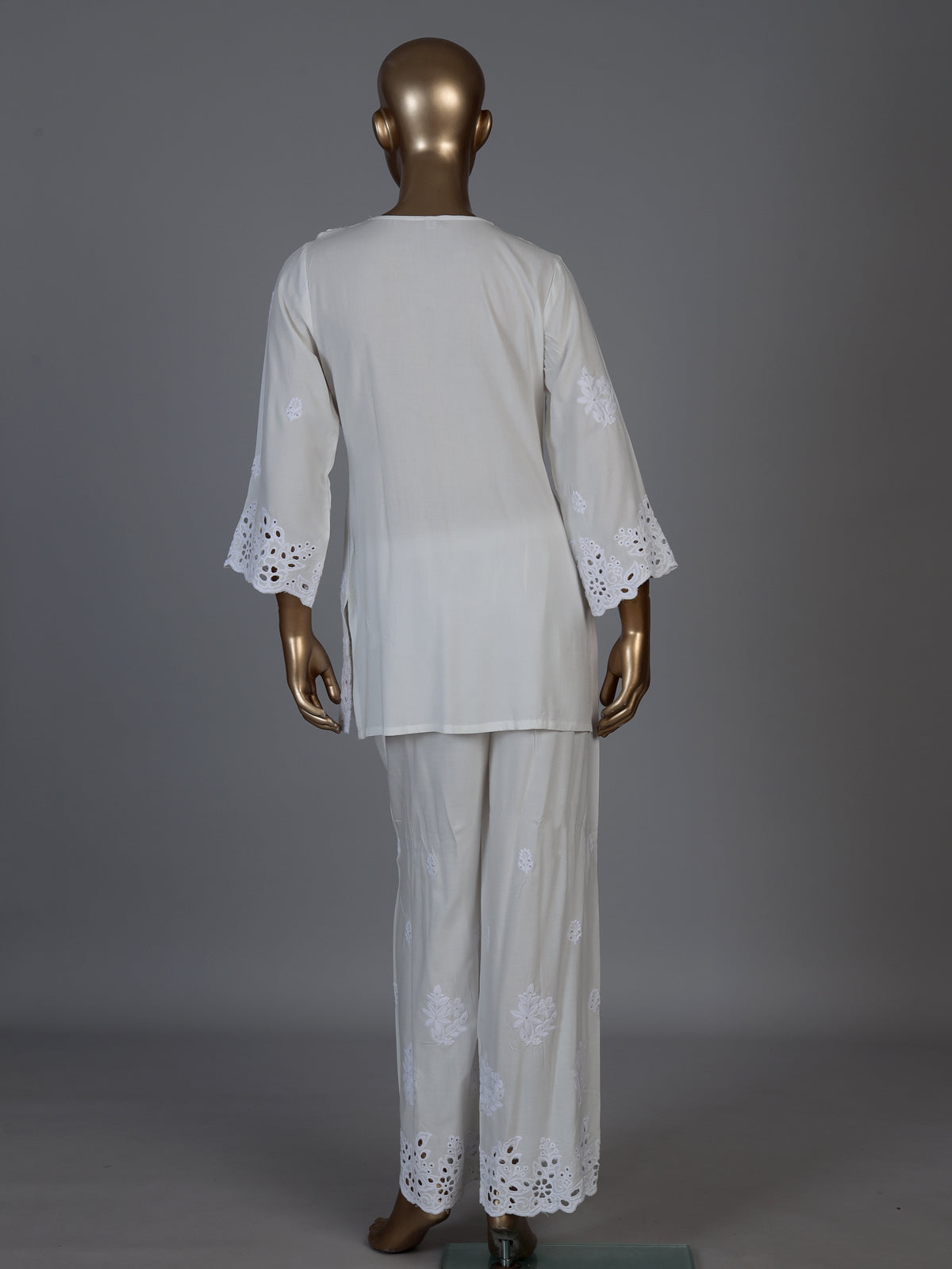 Off white cotton silk cutwork embellished kurti set with palazzo
