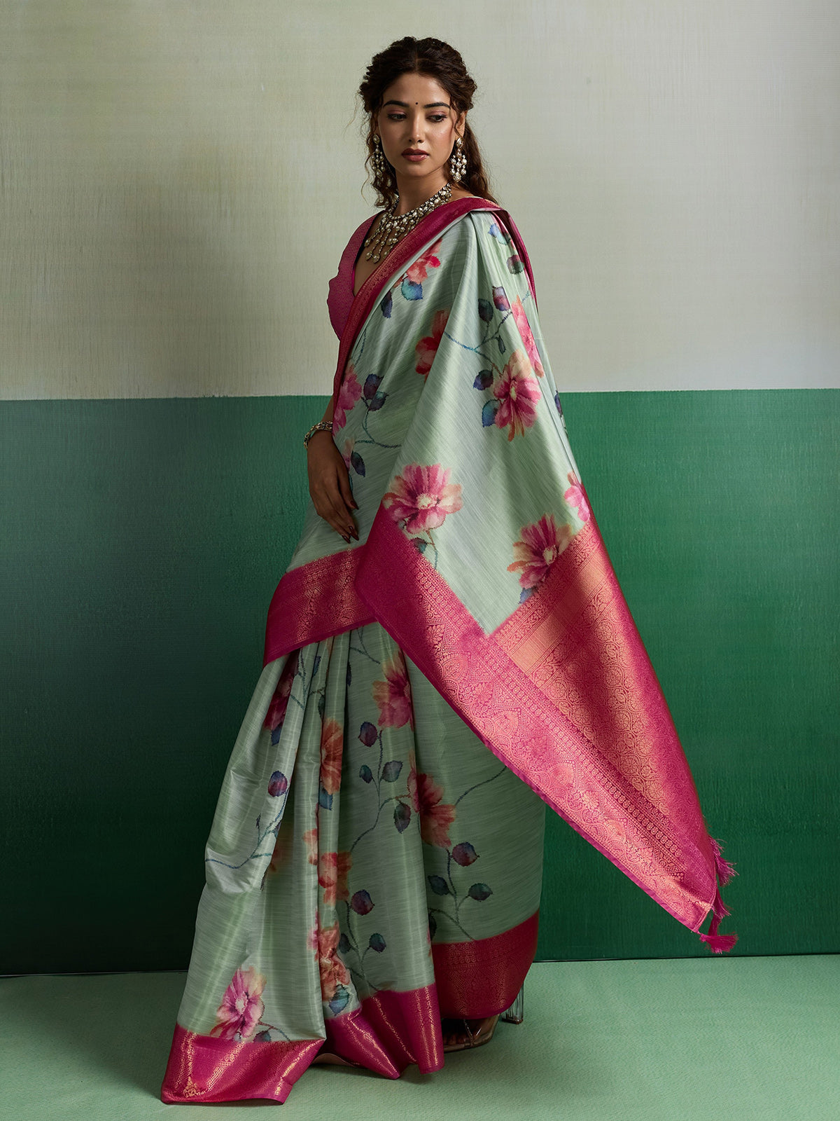 Pista green premium festive tissue silk saree