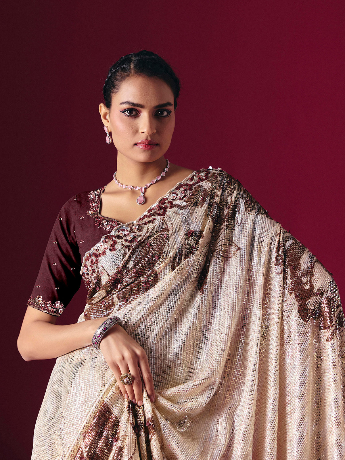 Cream printed net saree with zardosi embellished designer festive elegance