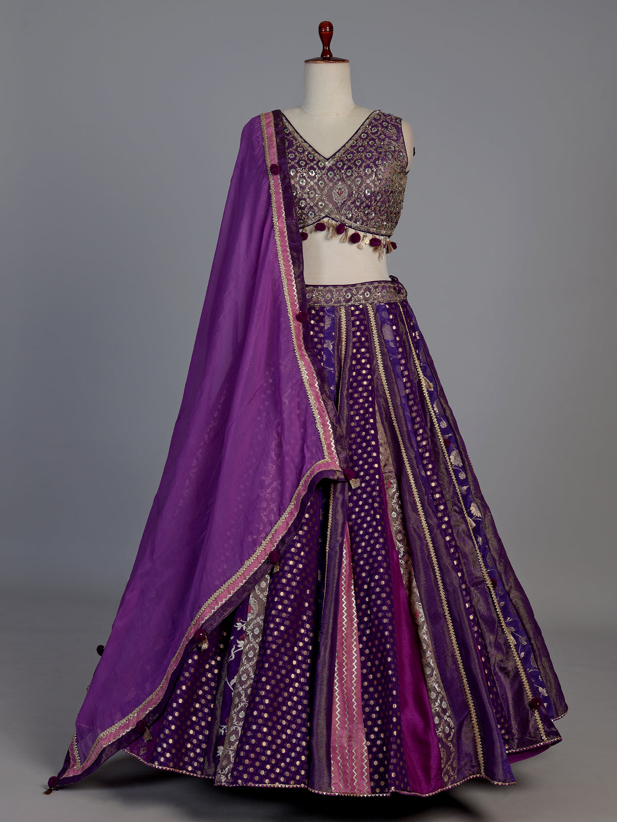 Purple banarasi silk festive lehenga choli with dupatta