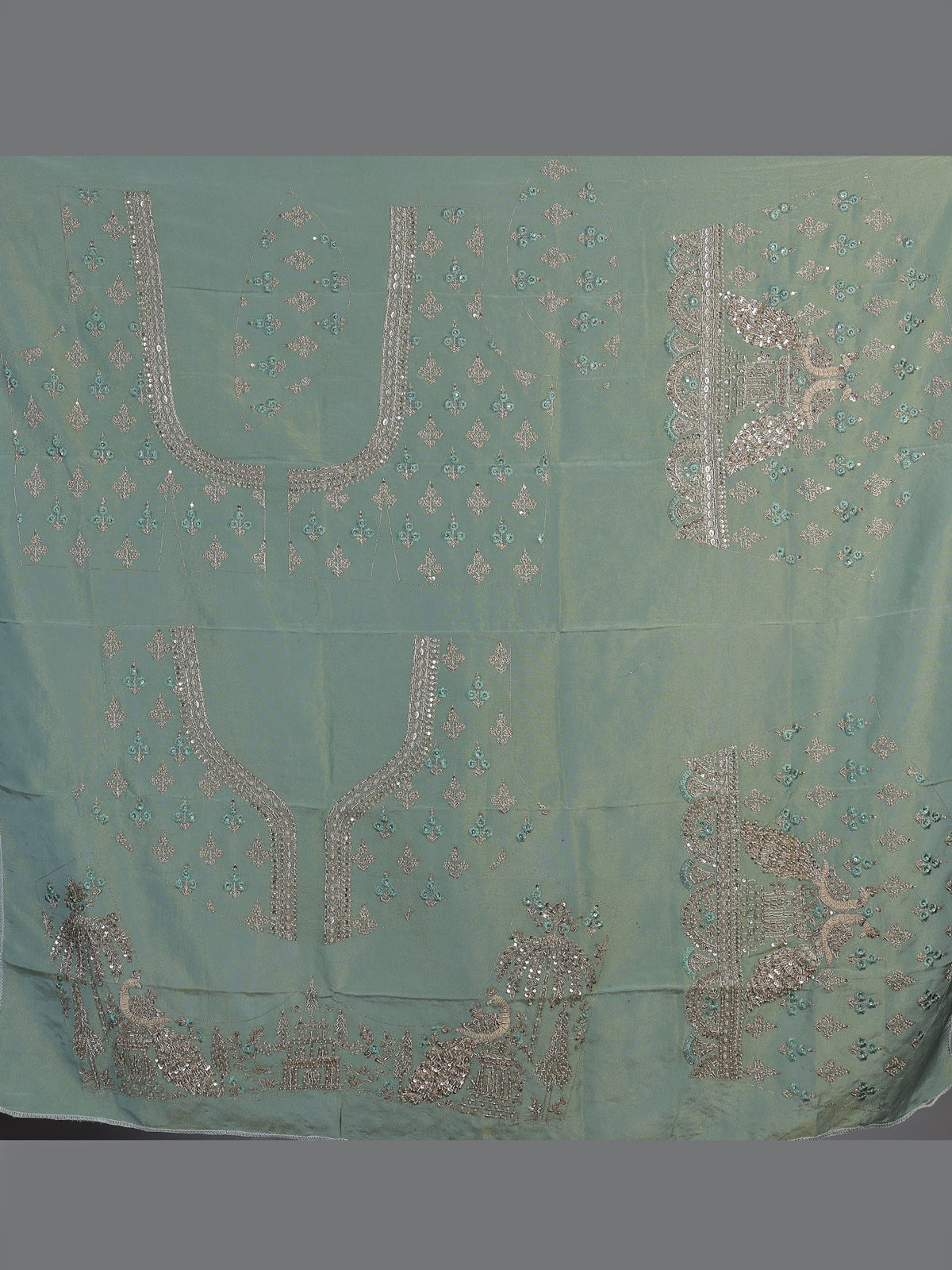 Sea green silk peacock motif unstitched lehenga choli with dupatta