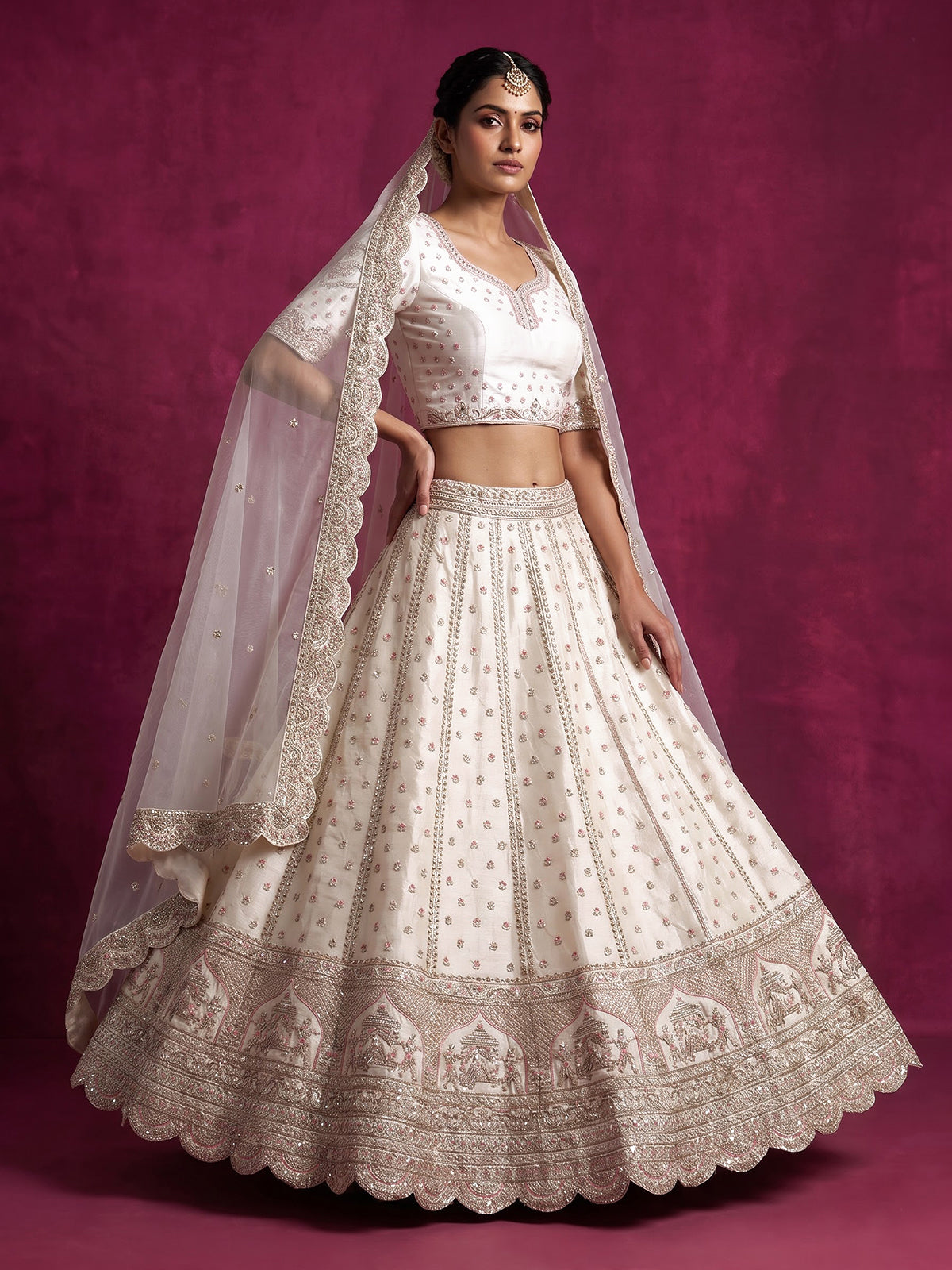 Cream raw silk doli motif unstitched bridal lehenga choli