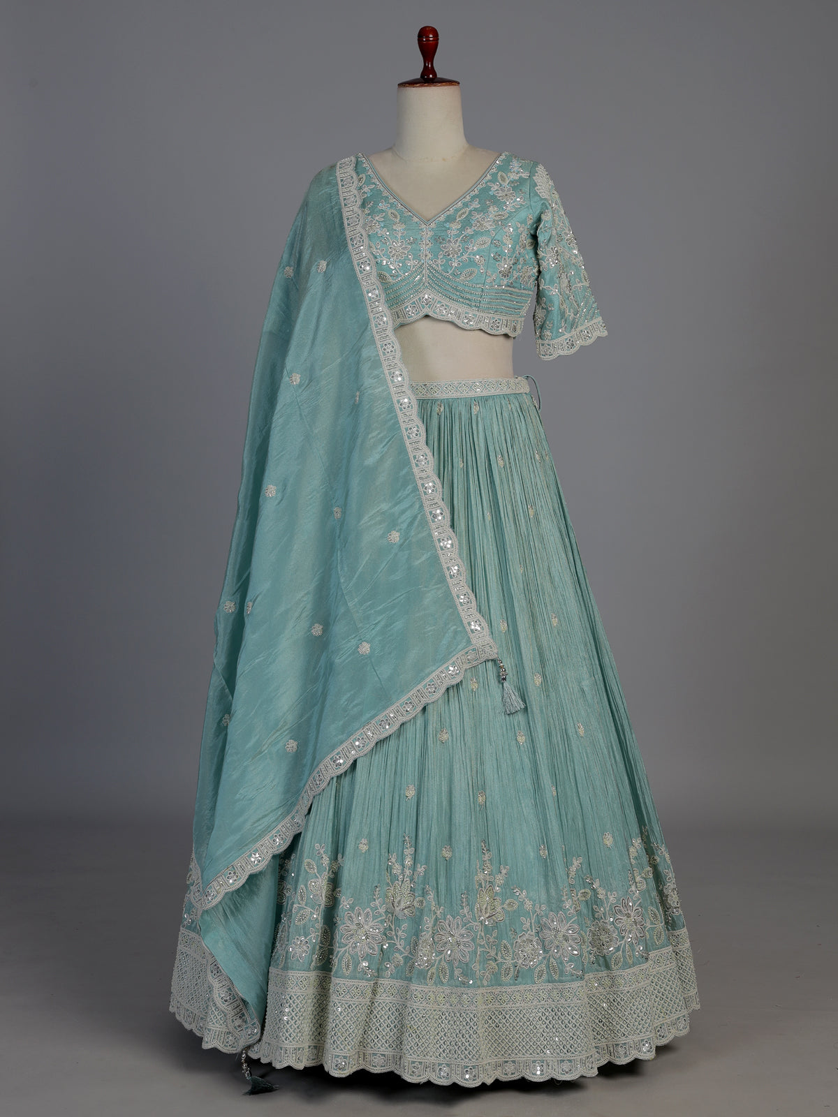 Sky blue silk embellished designer lehenga choli with dupatta