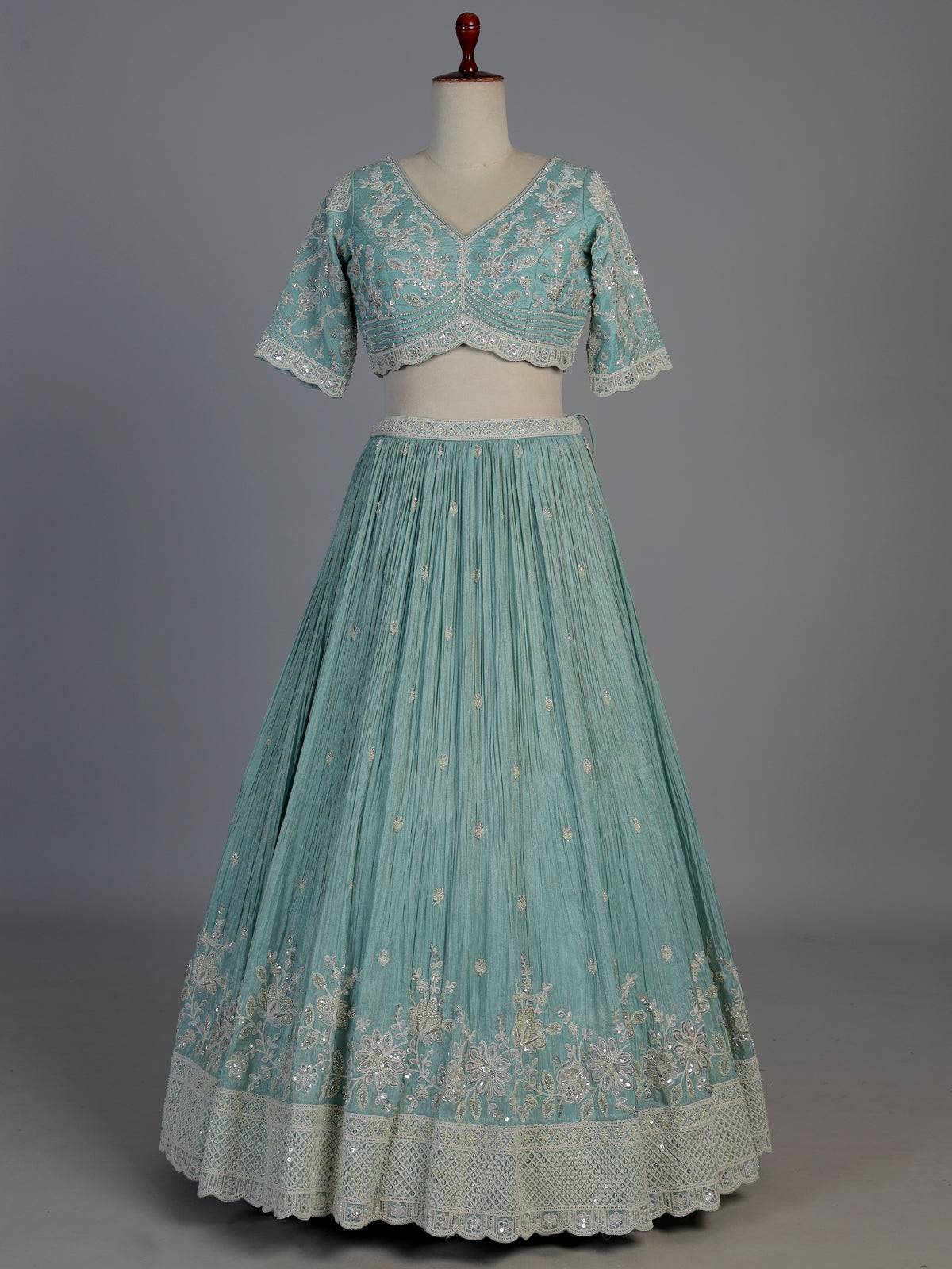 Sky blue silk embellished designer lehenga choli with dupatta