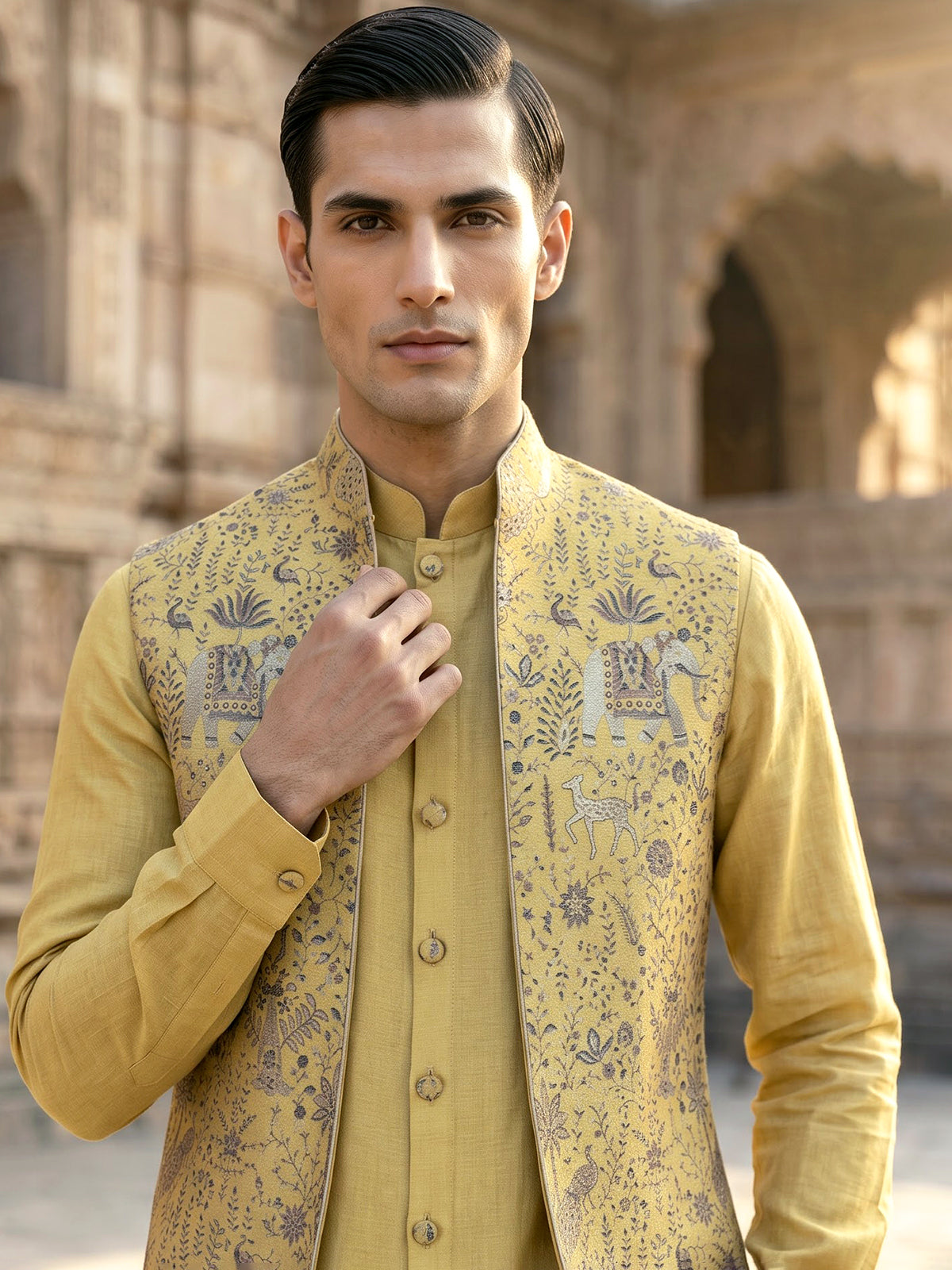 Mustard yellow printed festive waistcoat set with pant for men