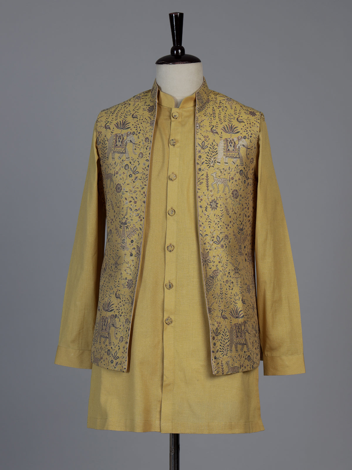 Mustard yellow printed festive waistcoat set with pant for men