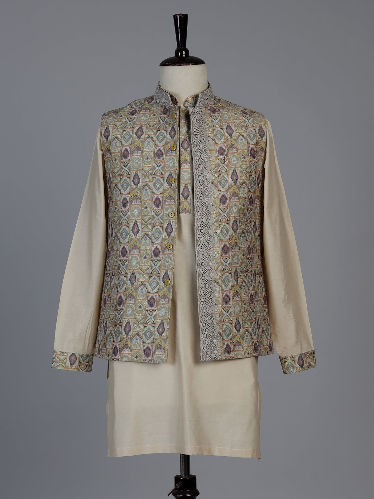 Beige printed festive waistcoat set with pant for men