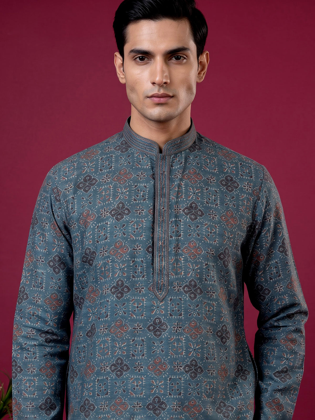 Peacock blue printed cotton blend festive kurta set for men