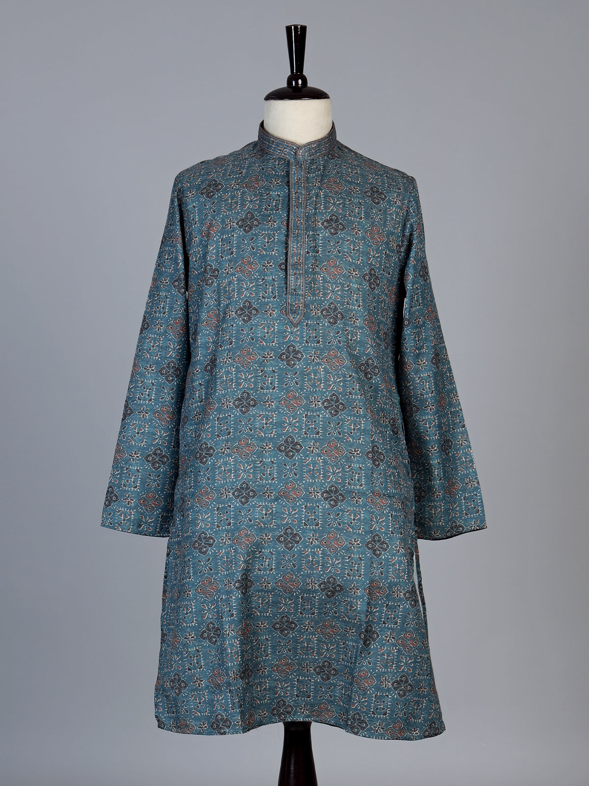 Peacock blue printed cotton blend festive kurta set for men