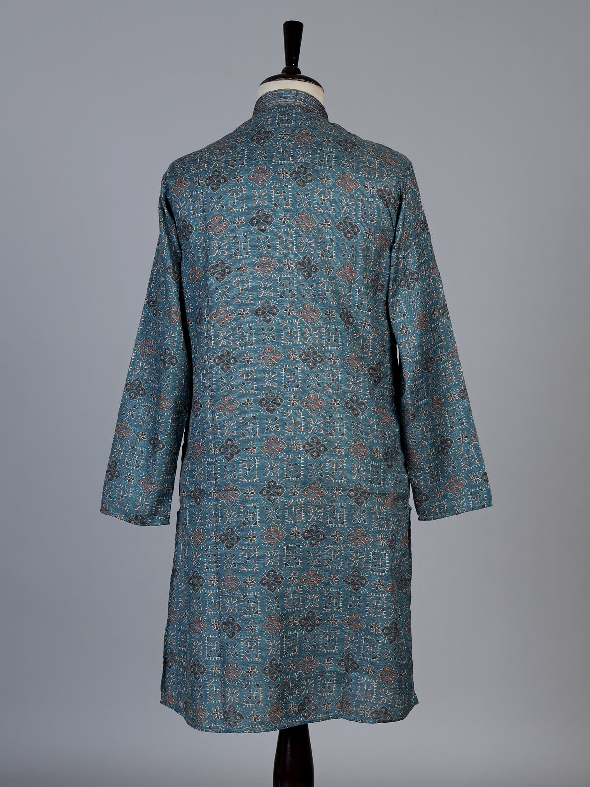 Peacock blue printed cotton blend festive kurta set for men