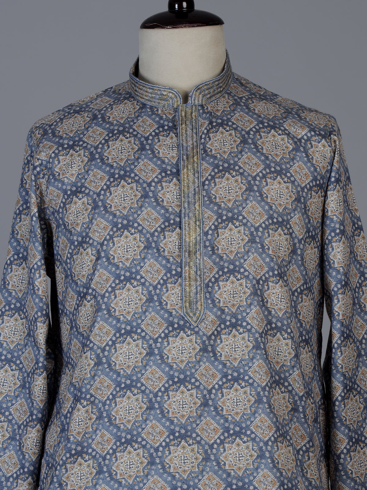 Blue printed cotton blend festive kurta set for men