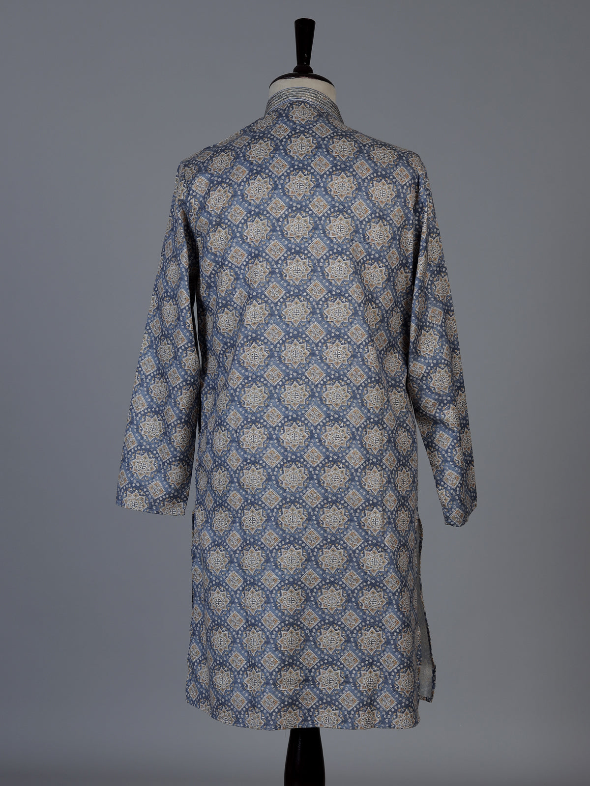 Blue printed cotton blend festive kurta set for men