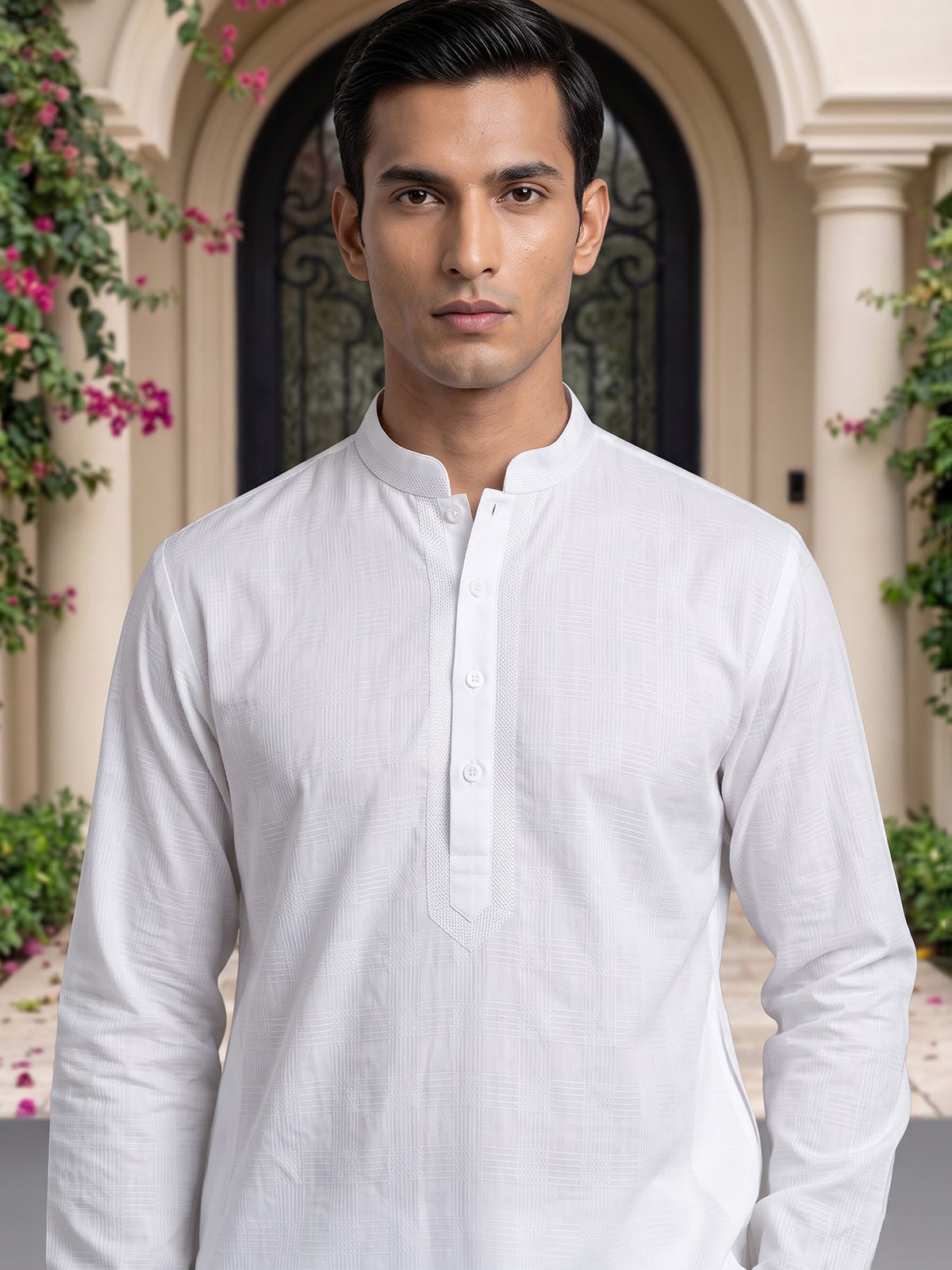 White thread weaving cotton blend festive kurta set for men