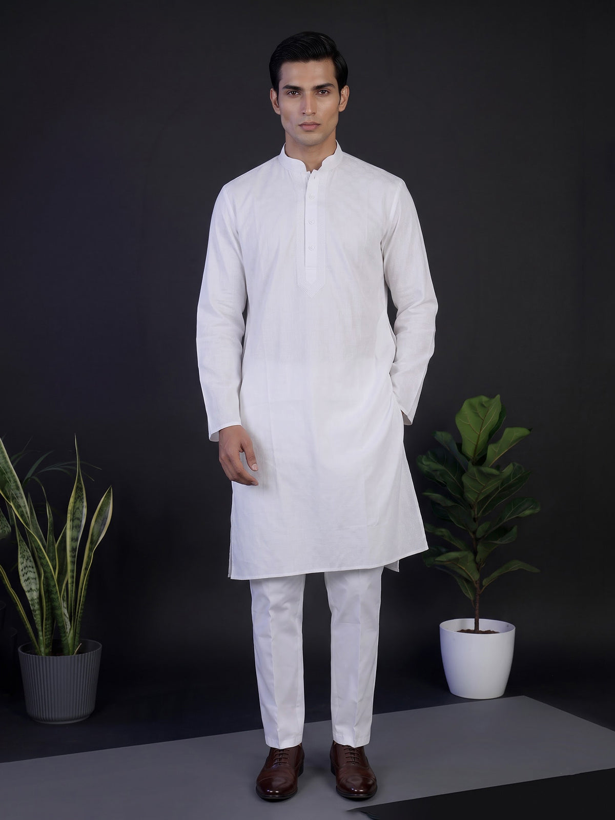 White textured cotton blend festive kurta set for men