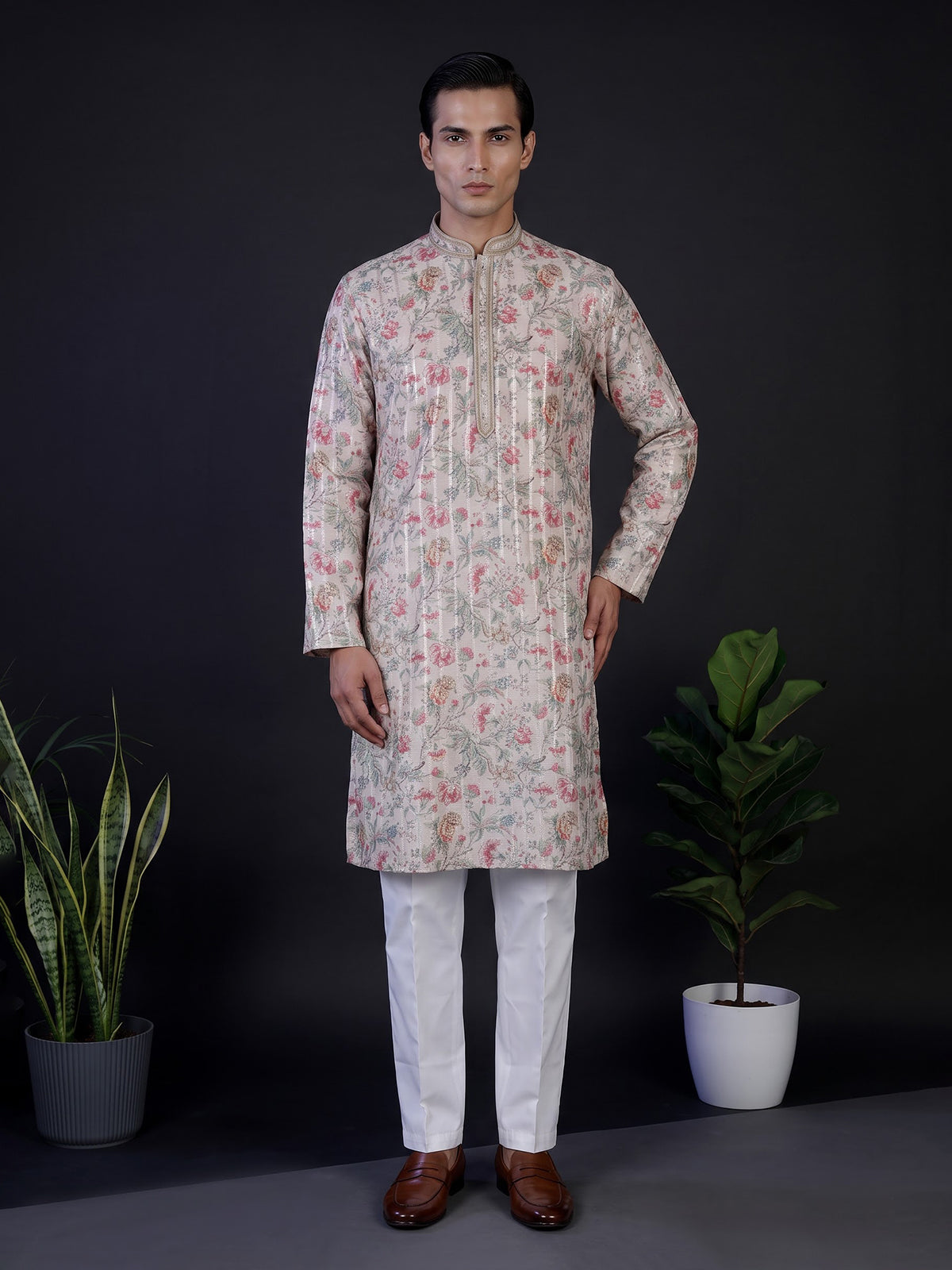 Peach floral printed linen blend festive kurta set for men