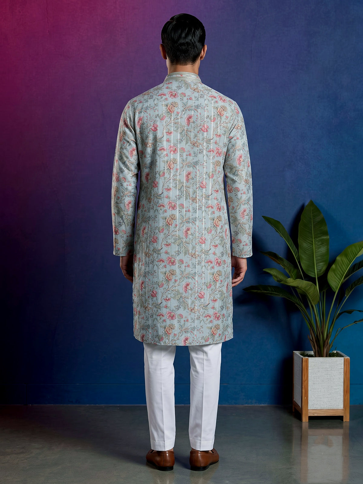 Light blue floral printed linen blend festive kurta set for men