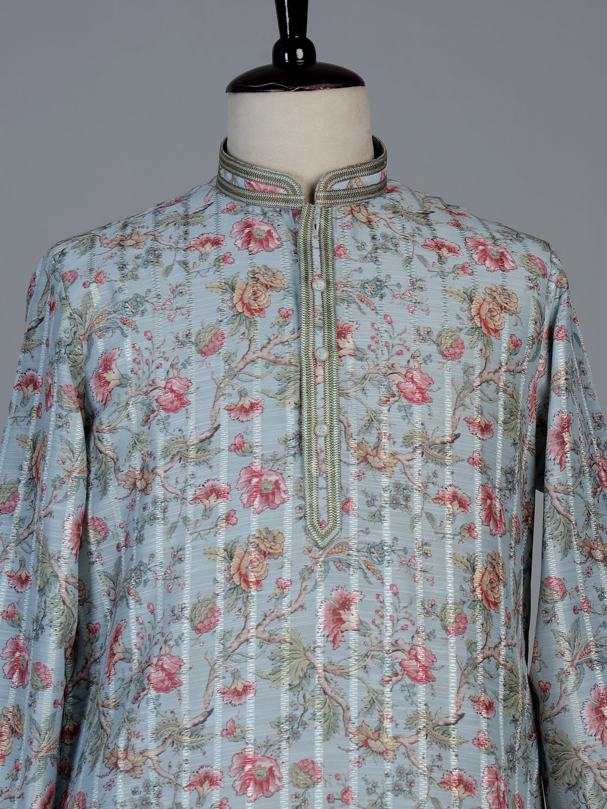 Light blue floral printed linen blend festive kurta set for men
