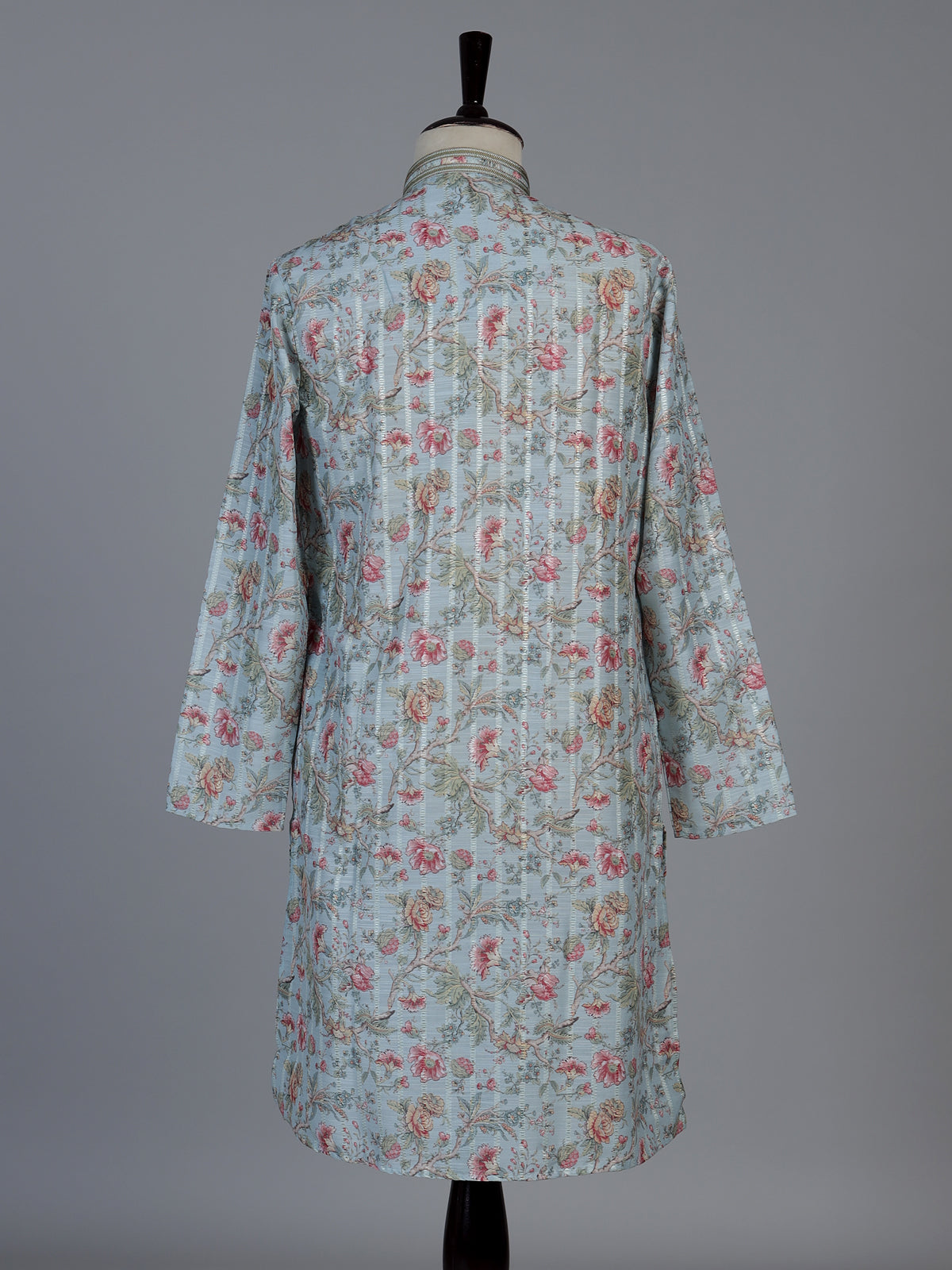 Light blue floral printed linen blend festive kurta set for men