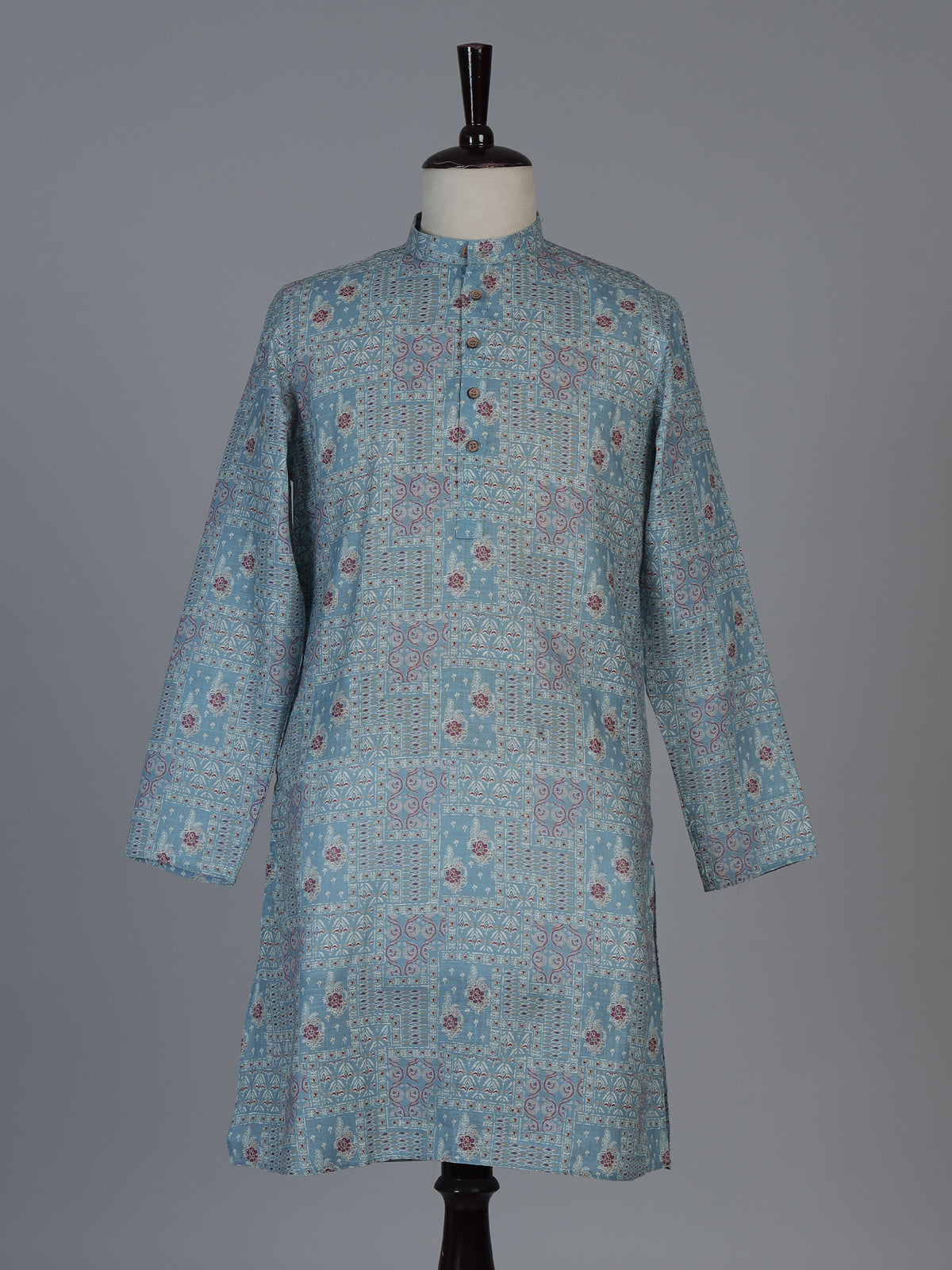 Light blue printed cotton silk festive mandarin kurta suit for men