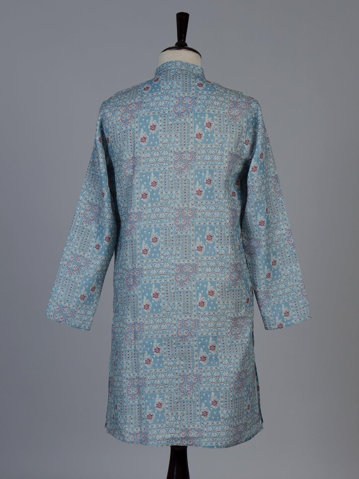 Light blue printed cotton silk festive mandarin kurta suit for men