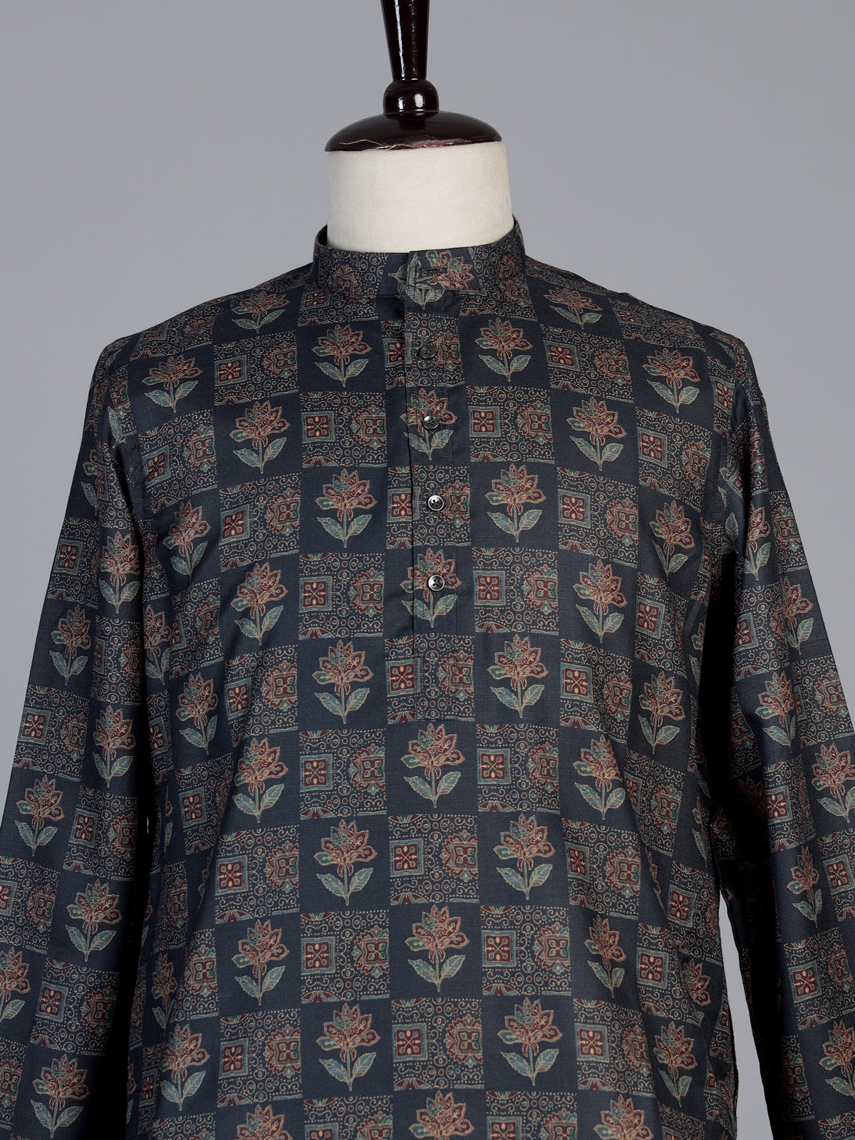 Navy blue floral printed cotton silk festive kurta suit for men