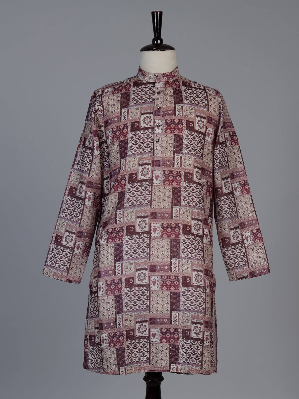 Wine printed cotton blend festive kurta suit for men with elegant pants