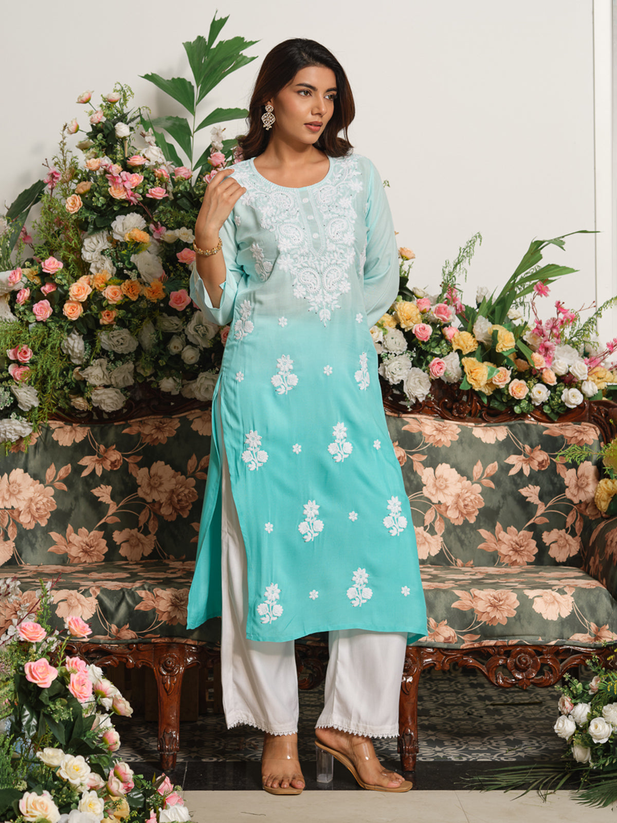 Blue timeless chikankari embroidered cotton silk kurti
