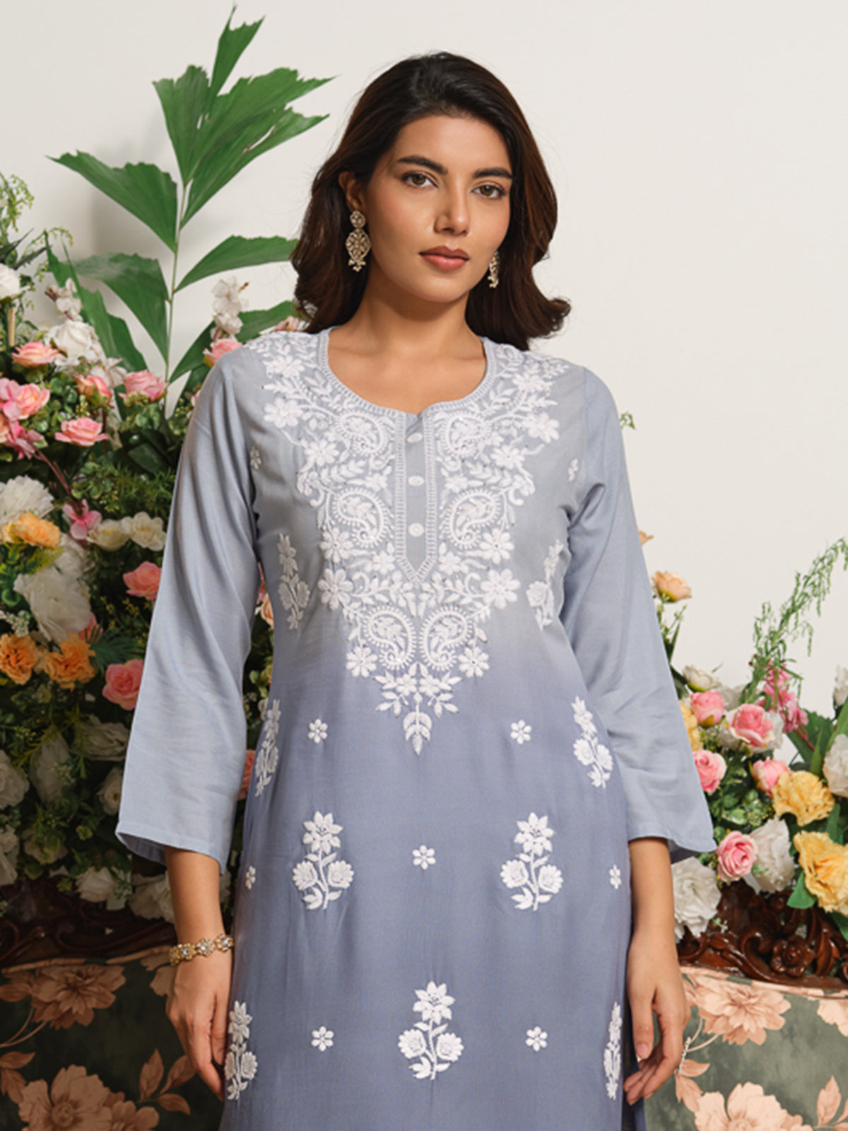 Slate grey premium ombre embroidered kurti